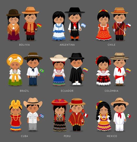 Descargar - Bolivia, Argentina, Chile, Brasil, Ecuador, Colombia, Cuba, Perú, México. Conjunto de parejas latinoamericanas vestidas con trajes tradicionales. Ropa nacional. Ilustración vectorial . — Ilustración de stock South American Clothing, Country Costumes, Argentina Culture, Costumes Around The World, National Clothes, Kids Around The World, Costume National, National Dress, Hispanic Heritage Month