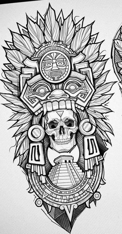 Texas Made Tattoo, Aztec Skull Tattoo, Chicano Style Art, Aztec Tattoo Mexican, Mexican Tattoo Ideas, Dragon Tattoo Stencil, Calf Tattoo Ideas, Quetzalcoatl Tattoo, Mayan Design