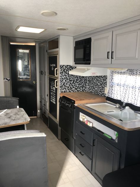 Sasker Creations Small Camper Kitchen Ideas, Bunkhouse Travel Trailer Remodel, Camper Bunkhouse Remodel, Rv Bunkhouse Remodel, Bunkhouse Camper, Camper House, Travel Trailer Decor, Camper Remodel Ideas, Motorhome Remodel