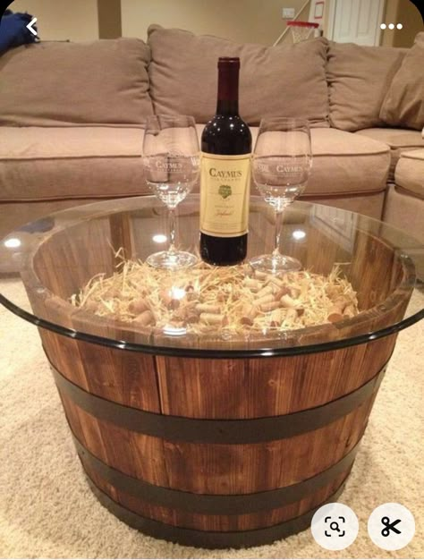 Wine Cork Candle, Wine Barrel Coffee Table, Wine Barrel Ideas, Wine Barrel Table, Barrel Coffee Table, Whiskey Barrel Furniture, Wine Barrel Furniture, Barrel Ideas, Wine Cork Diy