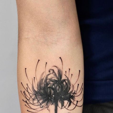 Baron Art Tattoo Studio on Instagram: "🌺Spider Lily with brushstroke🌺 Tattoo done by our resident artist @sansa.jr.tattoo in El Monte location . . #tattoo#tattoos#tattooideas#tattooshop#tattoostudio#tattoostyle#tattooart#tattoolife#tattooink#tattoolove#tattooworkers#tattoowork#tattootime#tattooing#tattoodo#artist#latattooartist#bodyart#bodyarttattoo#brushstroketattoo" Creepy Flower Tattoo Designs, French Flower Tattoo, Spider Chrysanthemum Tattoo, Spider Lily Tattoo Black, Spider Lilly Tatoos Design, Brushstroke Tattoo, Jr Tattoo, Location Tattoo, Spider Lily Tattoo