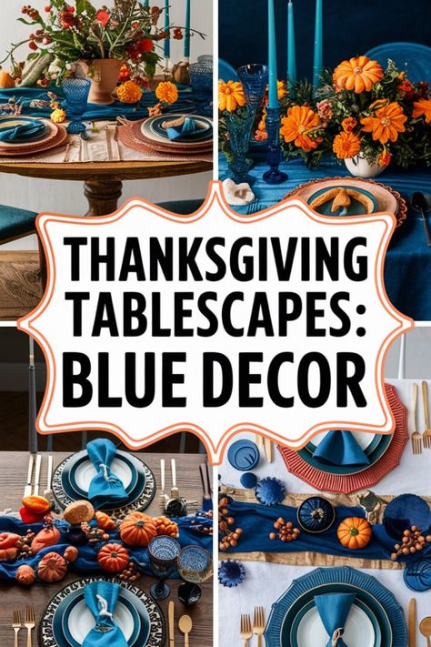 💙 Add a refreshing touch with blue Thanksgiving tablescapes! 🍽️ Incorporate blue accents, linens, or dinnerware into your table settings. 🦃 Complement with silver or gold for an elegant contrast. 🌟 Bring a new color dimension to your holiday with these stylish blue table decoration ideas! Navy Blue And Orange Table Setting, Thanksgiving Table Settings Navy Blue, Blue Willow Thanksgiving Tablescapes, Blue And Gold Thanksgiving Table, Blue Orange Thanksgiving Table, Thanksgiving Table Settings With Blue And White Dishes, Thanksgiving Blue Table Settings, Blue Willow Thanksgiving Table, Orange Blue Table Setting