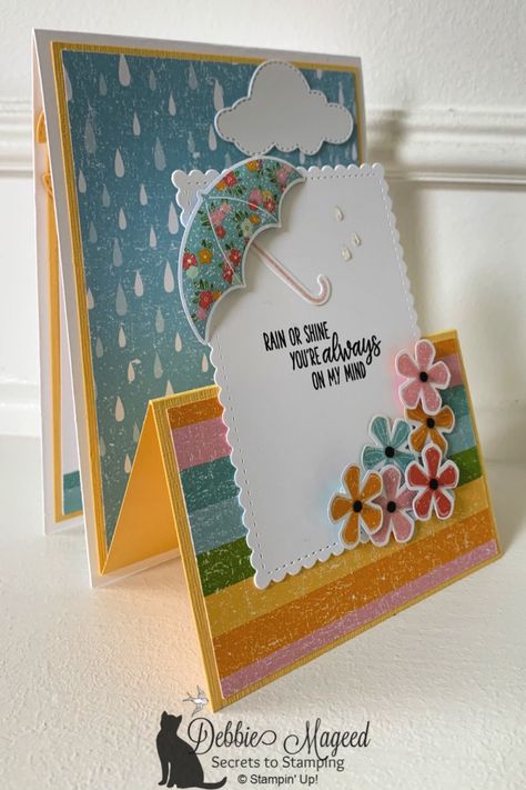 Features Under My Umbrella Stamp Set. #DebbieMageed #SecretsToStamping #UnderMyUmbrellaStampinUp  #stampinup #cardmaking  #funfold #handmadecards Double Easel Card, Umbrella Cards, Step Card, Step Cards, Under My Umbrella, Easel Cards, Spring Cards, Fancy Fold Cards, Rain Or Shine