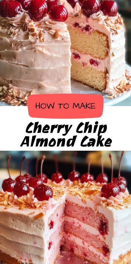 Cherry Chip Layer Cake with Almond Buttercream - A Vintage Delight Indulge in nostalgia with this Cherry Chip Layer Cake featuring an almond buttercream. Perfect for any celebration, this stunning cake combines sweet cherry chips with a subtle almond flavor, making it a treat for both eyes and taste buds. Cherry Almond Sheet Cake, Cherry Chip Almond Cake, Chocolate And Cherry Cake, Magnolia Bakery Cake, Fancy Dessert Recipes, Savory Hand Pies Recipes, Cherry Almond Cake, Almond Coconut Cake, Cherry Chip Cake