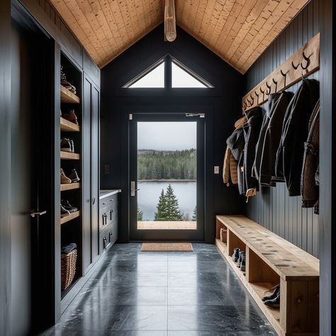 Mountain Home Mudroom, Chalet Entrance, Breezeway Mudroom, Breezeway Ideas, Photography Interior Design, Barn Style House Plans, Photography Interior, Mudroom Design, Modern Barn House