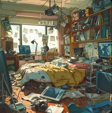 Messy Room Drawing Reference, Messy Room Reference, Messy Room Art, Messy Room Painting, Messy Bedroom Illustration, Messy Room Aesthetic Anime, Garage Drawing, Dirty Room, Messy Bedroom