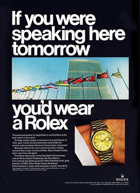 This ad from 1967 in Rolex Magazine featured the United Nations and one of the worlds most iconic watches, the Day Datejust #Rolex #DayDatejust Copywriting Ads, Monochrome Watches, Rolex Watches For Men, Watch Ad, Best Ads, Retro Ads, Watch Photo, Vintage Rolex, Old Ads