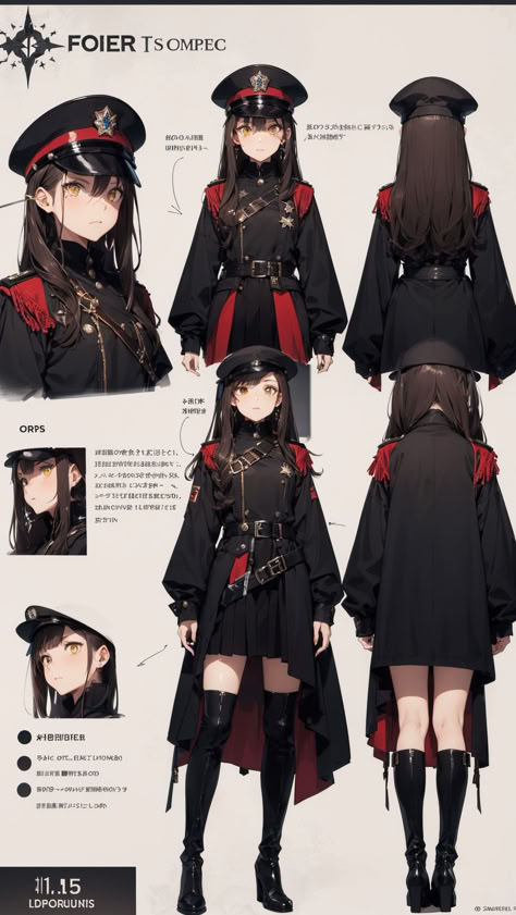 Female Uniform Design, Character Design Uniform, Anime Uniform Design, Fantasy Uniforms, Character Design Challenge, Anime Military, Clothing Design Sketches, Art Students, Model Sheet