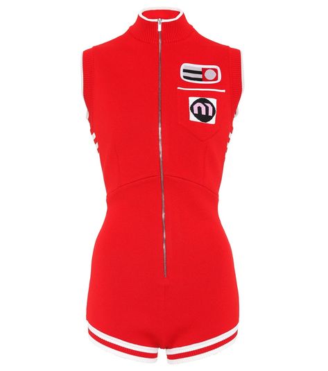 Miu Miu - Knit playsuit - Join Miu Miu's racing club with this delightful playsuit from the Resort 2018 collection. Inspired by motocross, the sporty style is made in Italy from bold red knit with sponsor-style branding. Offering a figure-hugging silhouette, it has a mock neckline, half-zip front and a small patch pocket at the back. Emulate the runway look from Paris Fashion Week, wearing yours with an oversized coat and sneakers. seen @ www.mytheresa.com Miu Miu Knit, Red Playsuit, Knit Romper, Red Romper, Knitted Romper, Playsuit Romper, Kpop Fashion Outfits, Performance Outfit, Kpop Outfits