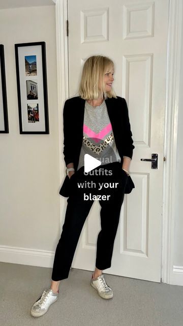 Claire Lopez on Instagram: "Casual outfits with a blazer…

🖤 All every day outfits using items from your casual wardrobe, all with trainers, all elevated thanks to the blazer 🙌🙌

🖤 It’s that mixing of smart and casual that creates an effortless look which is ideal for everyday - school run, weekends etc. 

🖤 Don’t keep your blazer for the office/evening - make it work harder by mixing it in for every day looks. 

One to save when you find yourself in a style rut 📌 and head to stories for tips on what to look for when buying a blazer as well as links. 

1. Leggings + hoodie 
2. leggings + longline knit 
3. Trousers/joggers + sweatshirt 
4. Wide leg jeans + sweater 
5. Slim/straight jeans + t shirt

All current items linked on stories and saved in my Feb highlight. 

Bags and scarf @am Black Blazer And Trainers Outfit, Striped Blazer For Winter Workwear, Winter Everyday Single-breasted Blazer, Blazer Graphic Tshirt Jeans Women, Winter Striped Single-breasted Blazer, Style Rut, Leggings Hoodie, Slim Straight Jeans, Fashion Over 40