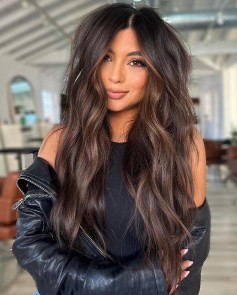 Long Chocolate Brown Hair Lighter Brown Hair Color, Lighter Brown Hair, Dark Chocolate Brown Hair, Black Hair Balayage, Dark Brunette Hair, Brown Hair Inspo, Brown Hair Dye, Brunette Hair With Highlights, Spring Hair Color