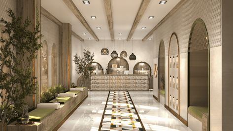 CONTEMPORARY NUBIAN RECEPTION AND BAR | Behance Nubian Interior Design, Hotel Reception Design, Lobby Reception Design, Moroccan Hotel, Reception Bar, Modern Classic Interior, Hotel Inspiration, Hotel Reception, Hotel Interior Design