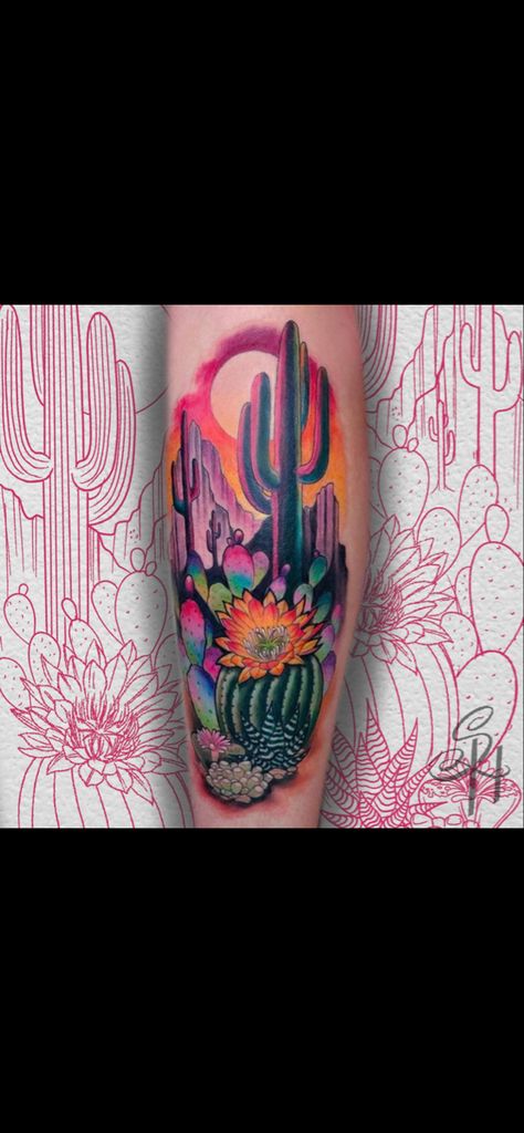 Colorful Desert Tattoo, Cactus Tattoo Cover Up, Cactus Watercolor Tattoo, Colorful Cactus Tattoo, Cacti And Succulents Tattoo, Cactus Flower Tattoo Desert Rose, Cactus Scene Tattoo, Cactus Arm Tattoo, Arizona Sunset Tattoo