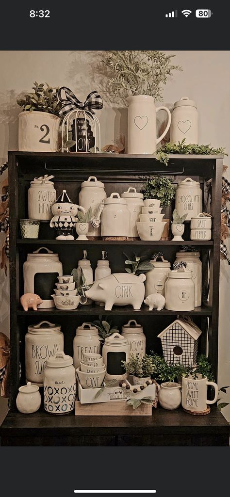 Rae Dunn Farmhouse Display, Rae Dunn Teapot Display, Rae Dunn Canister Display Shelf, Rae Dunn Inspired Signs, Industrial Farmhouse Decor, Farmhouse Industrial, Tray Ideas, Fresh Eggs, Sweet Chocolate