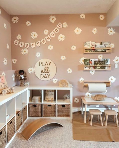 Fun Toddler Girl Room, Kids Montessori Playroom, Baby Girl Playroom Ideas, Playroom Set Up Ideas, Toddler Room Set Up, Cosy Playroom, Nursery And Playroom Combo, Educational Playroom Ideas, Toddler Sister Room Ideas