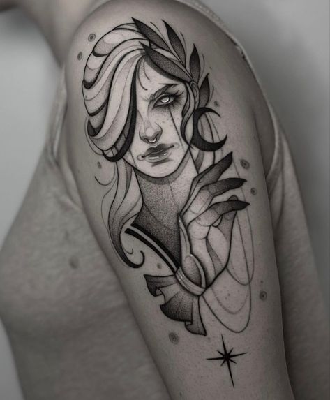 Nyx Tattoo, Traditional Tattoo Girls, Neo Tattoo, Girl Face Tattoo, Goddess Tattoo, Creepy Tattoos, Medusa Tattoo, Dark Art Tattoo, Face Tattoos