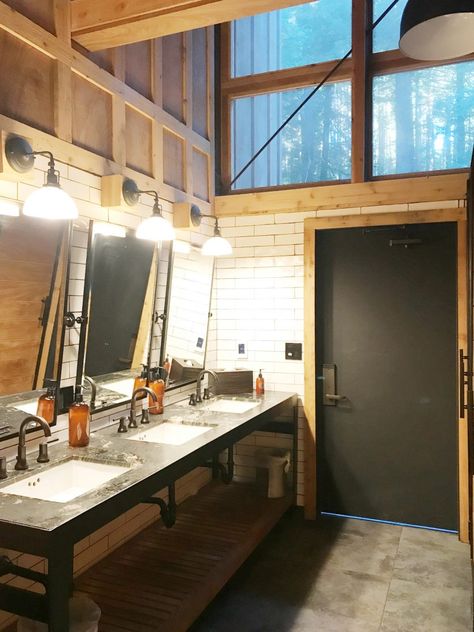 Glamping Bathhouse, Bathhouse Campground, Campground Bathroom Ideas, Camp Bath House, Modern Campground, Shower House Campground, Campground Shower House Ideas, Campground Bathroom, Campground Design