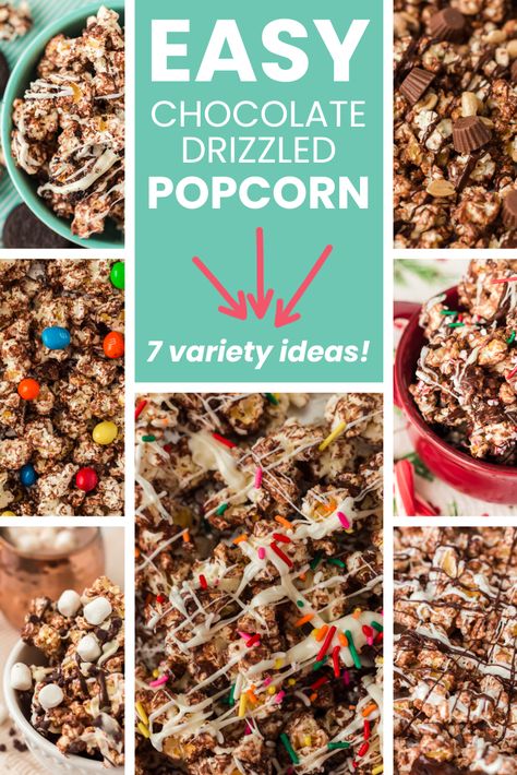 EASY Chocolate Drizzled Popcorn (7 variety ideas!) - The American Patriette Drizzled Popcorn, Chocolate Drizzled Popcorn, Peppermint Popcorn, White Almond Bark, Christmas Popcorn, Chocolate Popcorn, Crushed Oreos, Christmas Sprinkles, Almond Bark