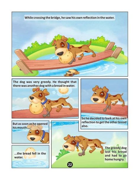 Fiction Stories For Kids, The Greedy Dog, Greedy Dog Story, Picture Story Writing, Picture Story For Kids, Small Stories For Kids, Stories With Moral Lessons, Preschool Charts, English Moral Stories