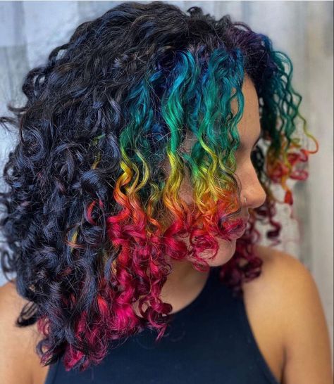 Curly Hair Inspo Color, Unicorn Curls, Rainbow Curly Hair, Curly Rainbow Hair, Curly Colored Hair, Curry Hair, Oil Slick Hair Color, Oil Slick Hair, Multicolor Hair