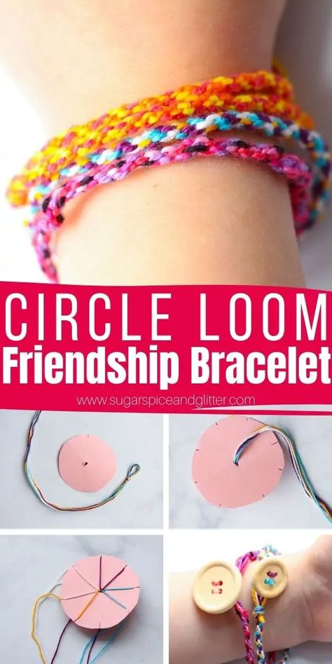 How to make the easiest friendship bracelets using a small circle of cardboard or cardstock. These friendship bracelets are incredibly easy for little kids to make, even if they can't braid or tie knots yet. They just need to be able to count to three. Tied Bracelets Diy, Cardboard Circle Bracelet, Friendship Bracelet Cardboard Circle, Easiest Friendship Bracelets, Cardboard Friendship Bracelet Maker, Cardboard Bracelet Maker, Easy Friendship Bracelets For Kids, Circle Friendship Bracelet, Floss Friendship Bracelets