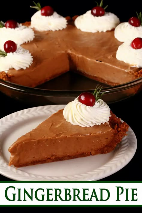 A gingerbread cream pie, garnished with whipped cream, cranberries, and rosemary.  Overlaid text says gingerbread pie. Gingerbread Pie, Christmas Morning Recipes, Minnesota Food, Winter Holiday Recipes, Gingerbread Recipes, Holiday Party Food, Easy Gingerbread, Cranberry Pie, Recipes For Thanksgiving