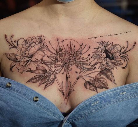 Floral Chest Tattoo, Tattoo Chest And Shoulder, Chest Tattoo Flowers, Tattoos Spider, Rose Chest Tattoo, Jasmine Tattoo, Chest Tattoo Ideas, Small Chest Tattoos, Spider Lily