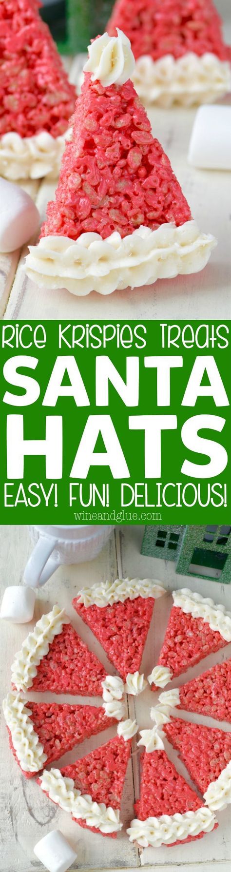 These Kellogg's® Rice Krispies®  Treats Santa Hats make for such a fun easy Christmas treat! Christmas Rice Krispies, Easy Christmas Treat, Red Frosting, Krispie Treats Christmas, Rice Krispie Treats Christmas, Xmas Treats, Easy Christmas Treats, Rice Krispies Treats, Krispy Treats