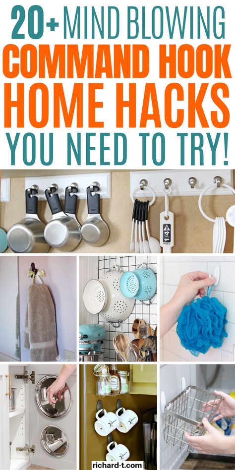 These 20+ command hook hacks really are genius! Use these command hook ideas to transform your home's storage. Command hooks are super cheap and useful to have around the house! #commandhooks #commandhookhacks #homeorganization Command Hooks Curtains, Putz Hacks, Pot Lid Organization, Dollar Store Hacks, Organizing Hacks, Organisation Hacks, Command Hooks, Krazy Coupon Lady, Clever Hacks