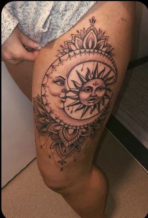 Sun And Moon Tattoo Ideas, Thigh Tats, Moon Tattoo Ideas, Nails Grunge, Sun And Moon Tattoo, Hip Thigh Tattoos, Moon Tattoos, Muster Tattoos, Hip Tattoos Women