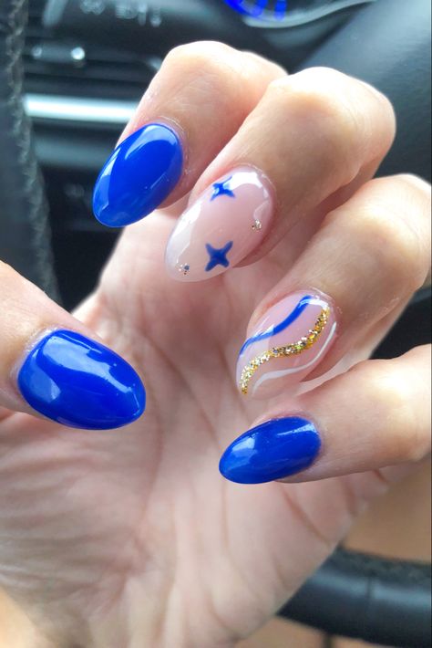 Extra Short Almond Nails Designs, Preppy Nails Blue, Navy Blue And Pink Nails, Blue Nail Inspo Acrylic, Simple Nails Almond, Dip Powder Nails With Designs, Nails Amber, Royal Blue Prom Nails, Deep Blue Nails