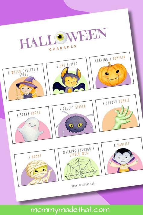 Halloween Charades Free Printable, Halloween Charades For Kids, Halloween Charades, Charades For Kids, Charades Cards, Halloween Scavenger Hunt, Bat Flying, Halloween Bingo, Creepy Spider