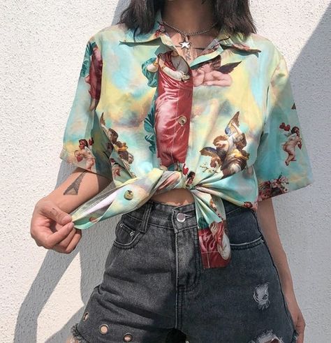 Streetwear Blouse, Angel Shirt, Egirl Outfits, Angel Print, Short Sleeve Shirt Women, Tumblr Outfits, 90's Fashion, Aesthetic Shirts, Beachwear For Women