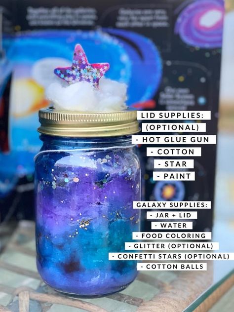 “Glittering Galaxies” in a jar! * Add 1” water, food coloring, cotton balls, & glitter.  * Add another 1” of water, a DIFFERENT color, cotton balls and glitter.  *Keep alternating until you fill up the jar. VOILA! Food Platters Party, Galaxy In A Jar, Diy Galaxy Jar, Magical Crafts, Calm Down Jar, Space Theme Preschool, Vacation Bible School Craft, Meals For Kids, Galaxy Jar