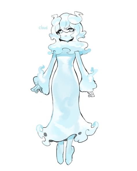 Cloud Dress Drawing, Cloud Character Illustration, Cloud Person Art, Cloud Oc Art, Air Character Design, Wind Character Design, Cloud Character Design, Cloud Person, Wind Goddess