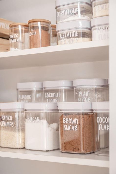 Canister Labels, Square Glass Jars, Pantry Containers, Chocolate Granola, Laundry Essentials, Brown Bottles, Sink Storage, Pantry Labels, Kitchen Storage Containers