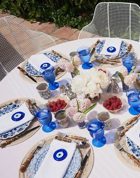 Entertaining with Rebecca de Ravenel Something Blue Dinner Party, Mykonos Themed Party, Greek Dinner Party, Mamma Mia Wedding, Greek Party, Event Planning Guide, Greek Dinners, Bamboo Flatware, Rebecca De Ravenel