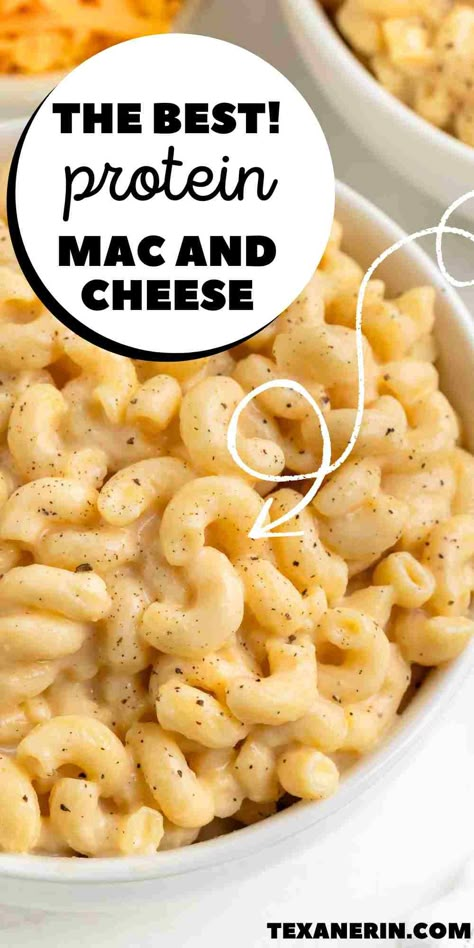 Protein Mac and Cheese - Texanerin Baking Protein Macaroni And Cheese, Banza Pasta Mac And Cheese, Healthy High Protein Mac And Cheese, Protein Sides For Dinner, Protein Mac N Cheese, High Protein Lunches For Kids, Easy High Protein Dinner Ideas, Recipes With Rotini Noodles, Protein Dinners Easy