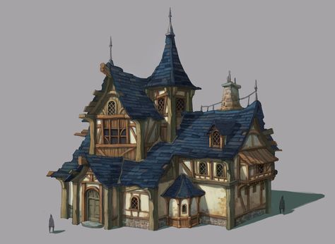 Medieval house, Summer Kim on ArtStation at https://www.artstation.com/artwork/8o5Jm?utm_campaign=digest&utm_medium=email&utm_source=email_digest_mailer Concept Art House, Mc Builds, Medieval Buildings, Medieval House, Blue Roof, Minecraft Medieval, Minecraft Inspo, Medieval Houses, Jin Woo