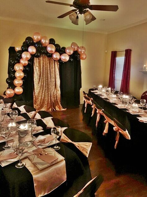 Black And Rose Gold Party Ideas, Rose Gold Black And Silver Party Decorations, Black Pink Gold Party, Rose Gold And Black Sweet 16, Black And Rose Gold Party Decorations, Black Rose Gold Party, Rose Gold And Black Wedding Theme, Rose Gold And Black Party Theme, Black And Rose Gold Party