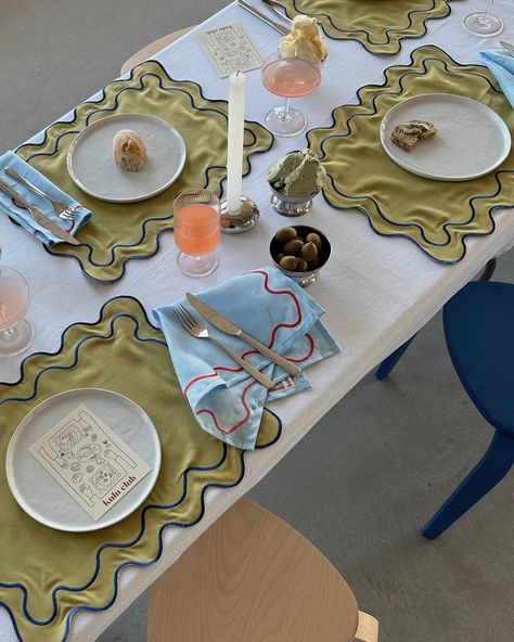 Bring fun to the table with our table linen🌀 Wavy Table, Word Girl, Table Set Up, Blue Embroidery, Home Upgrades, Table Linen, Table Set, Summer House, The Table