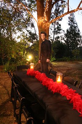 Not a fan of the twilight theme but like the black table with the boa as a runner Twilight Halloween Party, Twilight Themed Bachelorette Party, Vampire Bachelorette Party, Twilight Party Aesthetic, Twilight Aesthetic Party, Twilight Theme Bachelorette, Vampire Party Aesthetic, Twilight Cocktail Party, Twilight Themed Birthday Party