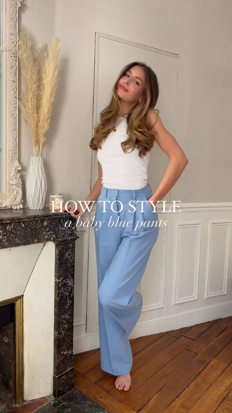 elisalevallois on Instagram: How to style a baby blue pants 💙 5 ways : which one is your fav ? #fashioninspirations #outfitofthedaybabe #ootdmag #parisiangirl… Light Blue Trousers Outfit, Blue Pants Outfit Work, Blue Wide Leg Pants Outfit, Blue Trousers Outfit, Blue Leggings Outfit, Blue Pants Outfit, Baby Blue Pants, Pants Outfit Work, Wide Leg Pants Outfit