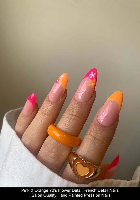 Pink & Orange 70's Flower Detail French Detail Nails | Salon Quality Hand Painted Press on Nails #pink #nails 60s Nails, Detail Nails, Europe Nails, Summer Nails Almond, Classy Acrylic, Orange Nail Designs, Different Nail Designs, Nails Salon, Summery Nails