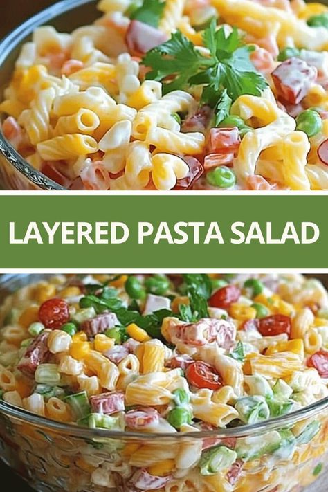 Layered Pasta Salad Layer Pasta Salad, Layered Pasta Salad With Ham, Make Ahead Layered Salad, Layered Pasta Salad Recipes, Layered Pasta Salad 12 Tomatoes, Easy Pasta Salads For Parties, Hearty Pasta Salad, Pasta Vegetable Salad, Layered Pasta Salad