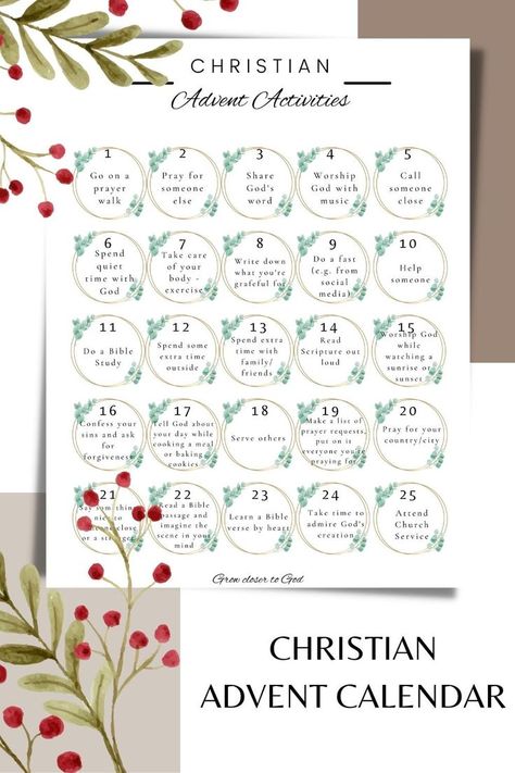 Printable Christian Advent Countdown To Christmas includes daily Advent activities and Bible verses to help you grow closer to the Lord. You'll find various 25 activities and meaningful Bible verses to meditate on. For Believers, Christian Woman, everyone who wants to grow in faith. Christian Advent Calendar, Advent Calendar Christian, Christian Calendar, Catholic Christmas, Grow In Faith, Calendar Notes, Advent Activities, Christmas Bible, 25 Days Of Christmas