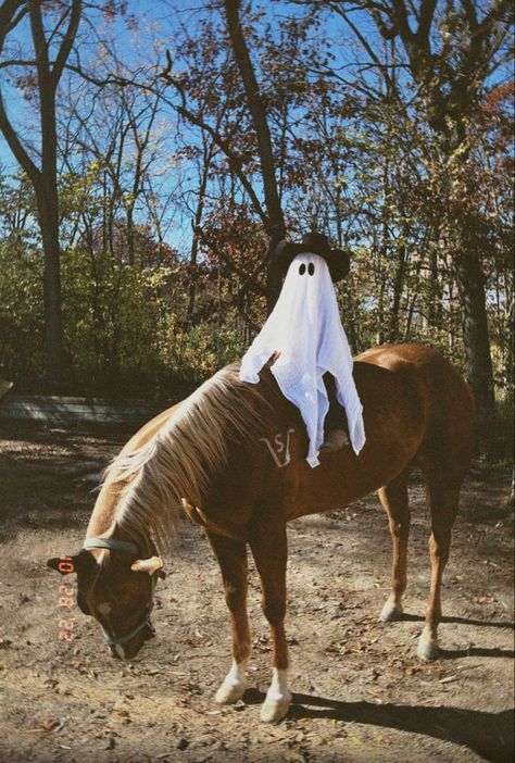 Cowboy Ghost Photoshoot, Cowboy Ghost Costume, Ghost Cowboy Costume, Western Halloween Photoshoot, Cowboy Halloween Aesthetic, Western Halloween Aesthetic, Horse Ghost Costume, Halloween Horse Wallpaper, Horse Halloween Photoshoot