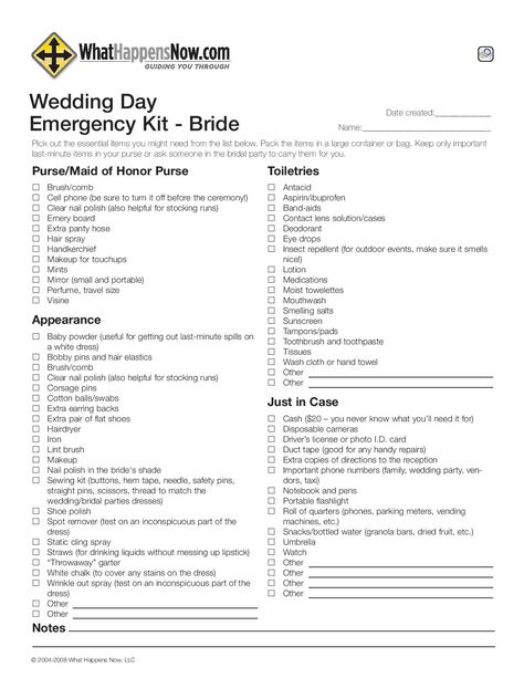 Bridal Wardrobe Checklist, Wedding Emergency Kit List Grooms, Maid Of Honor Kit, Bride Emergency Kit List, Wedding Day Of Checklist, Groom Emergency Kit, Emergency Kit List, Pack For Greece, Bridal Kit