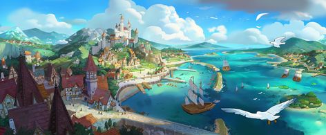 ArtStation - Port Town, Nara Town Art Illustration, Fantasy Town Art, Fantasy Town Concept Art, Fantasy Kingdom Cities, Fantasy Castles, Fantasy Cities, Port Town, Fantasy Town, Fantasy Background