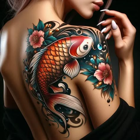 Koi Fish Tattoo: Timeless Art with Modern Symbolism & Inspiration 4 Koi Fish Tattoo Cover Up, Koi Fish Tattoo For Women Sleeve, Feminine Koi Fish Tattoo, Realistic Koi Fish Tattoo, Koi Fish Back Tattoo For Women, Koy Fish Tattoo Ideas, Japanese Tattoo Art Women, Koi And Lotus Tattoo, Fish Tattoo Women